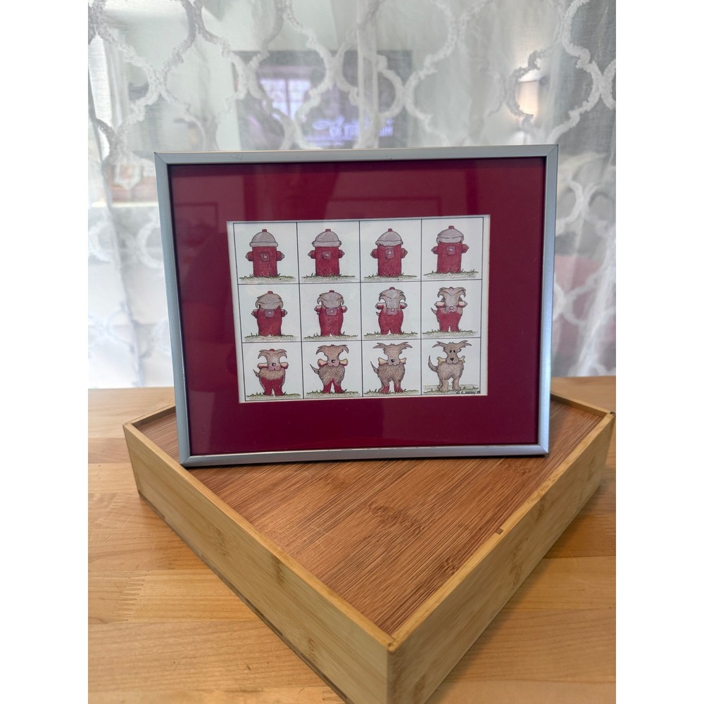 E Halsey Dog and Fire Hydrant Framed Art Print Whimsical Humorous 12 Panel 9x11